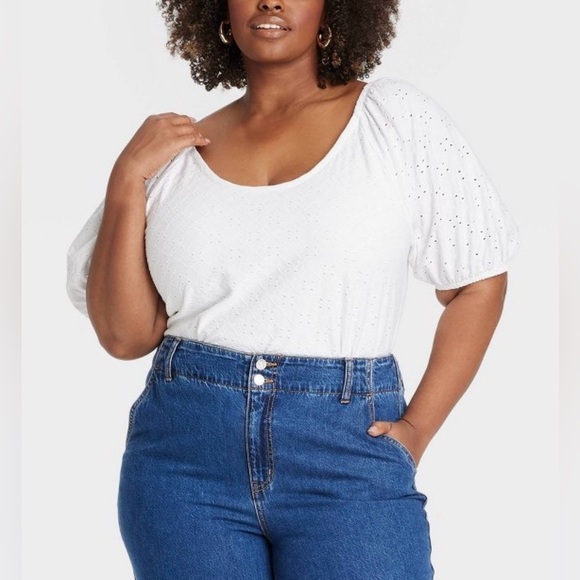 Ava & Viv Tops - Women’s Puff Short Sleeve Eyelet Peasant Top